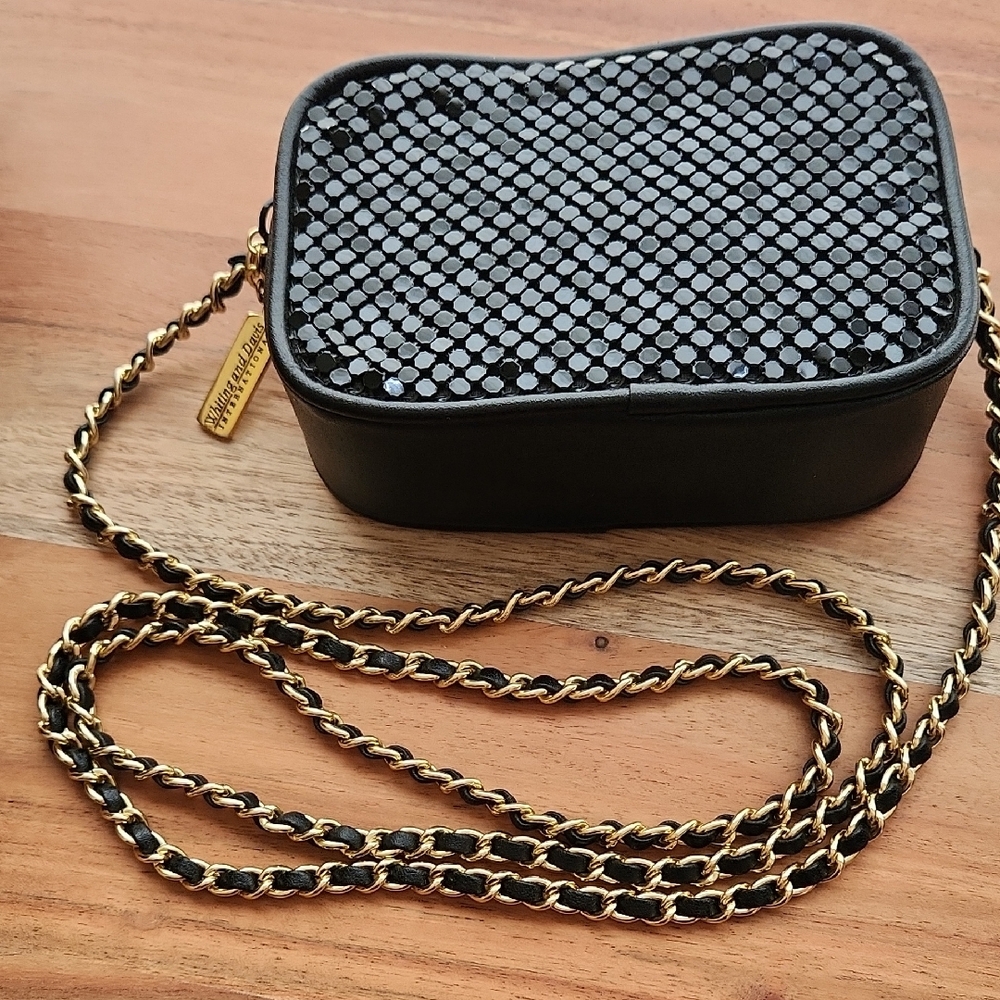 Whiting & Davis Black Mesh Crossbody Bag with Gold Chain
